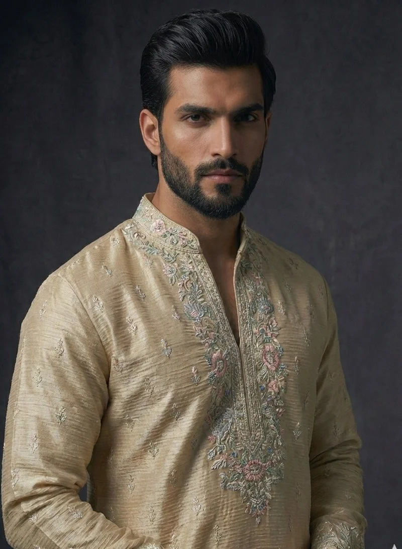 Lehar  Men's Ivory & Gold Hand-Embroidered Silk Kurta Set  | Best Price UAE
